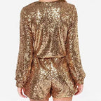 Women's Short Sequin Long Sleeve V-Neck Jumpsuit