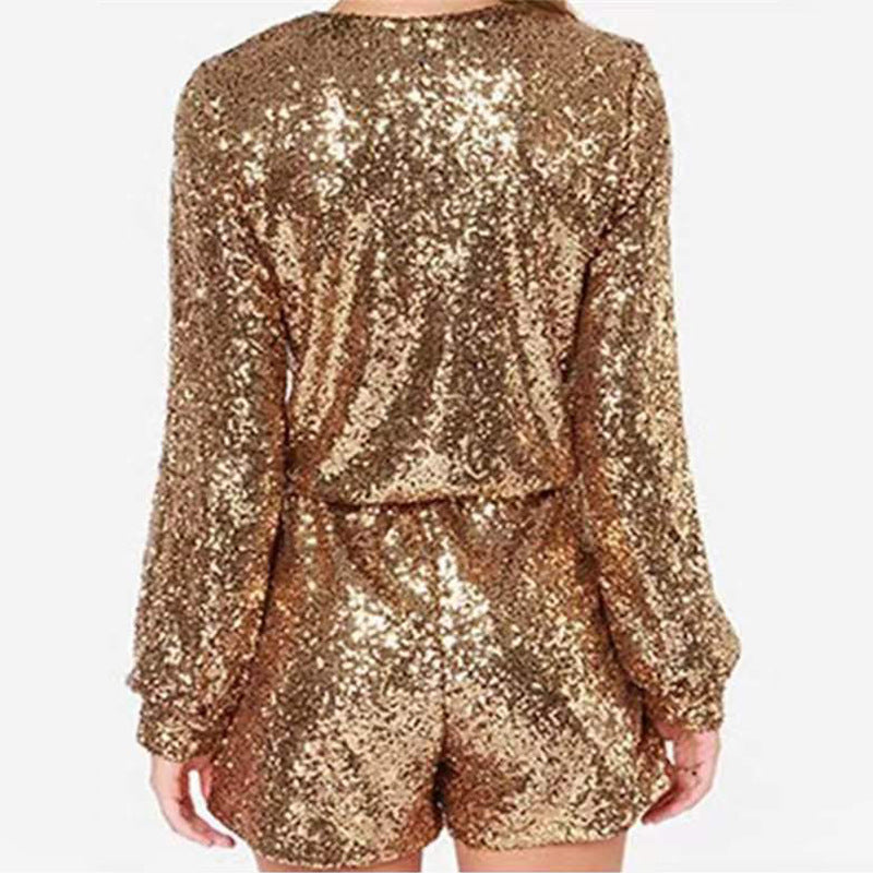 Women's Short Sequin Long Sleeve V-Neck Jumpsuit
