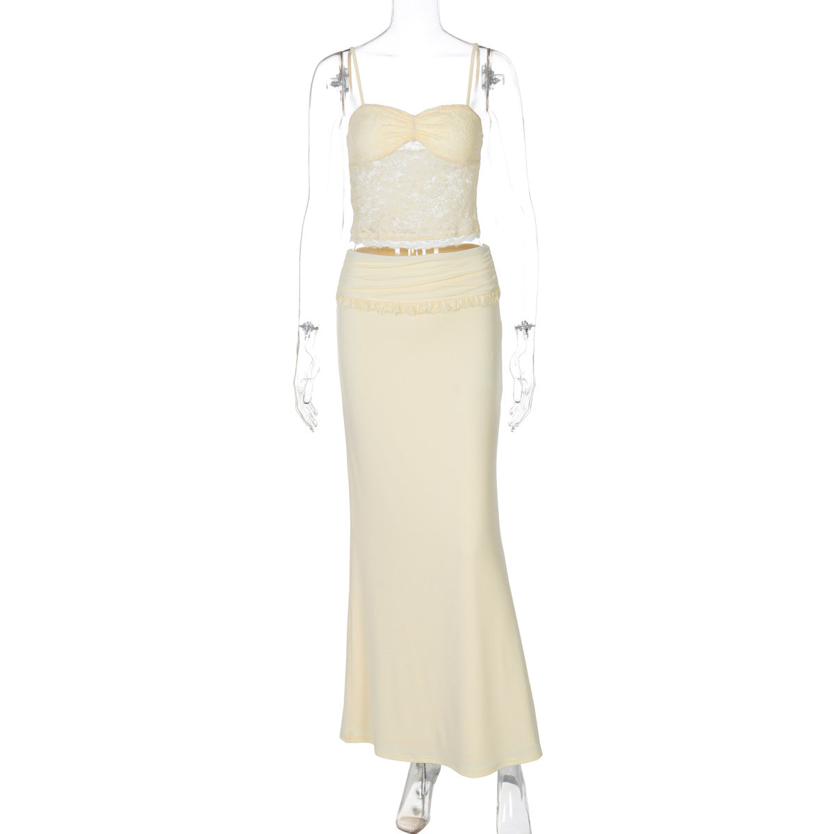 Women's Elegant Two-Piece Set with Lace Top and Slim Skirt