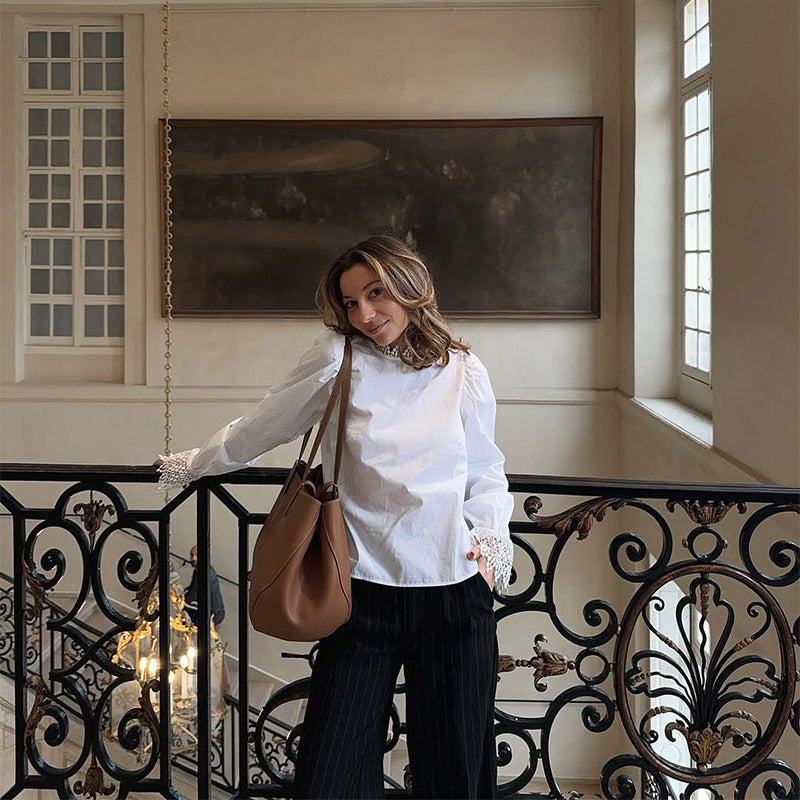 Women's Blouse with Lace Accents and Puff Sleeves