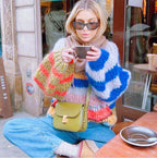 Women's Chunky Knit Sweater with Colorful Cable Pattern and Wide Cut