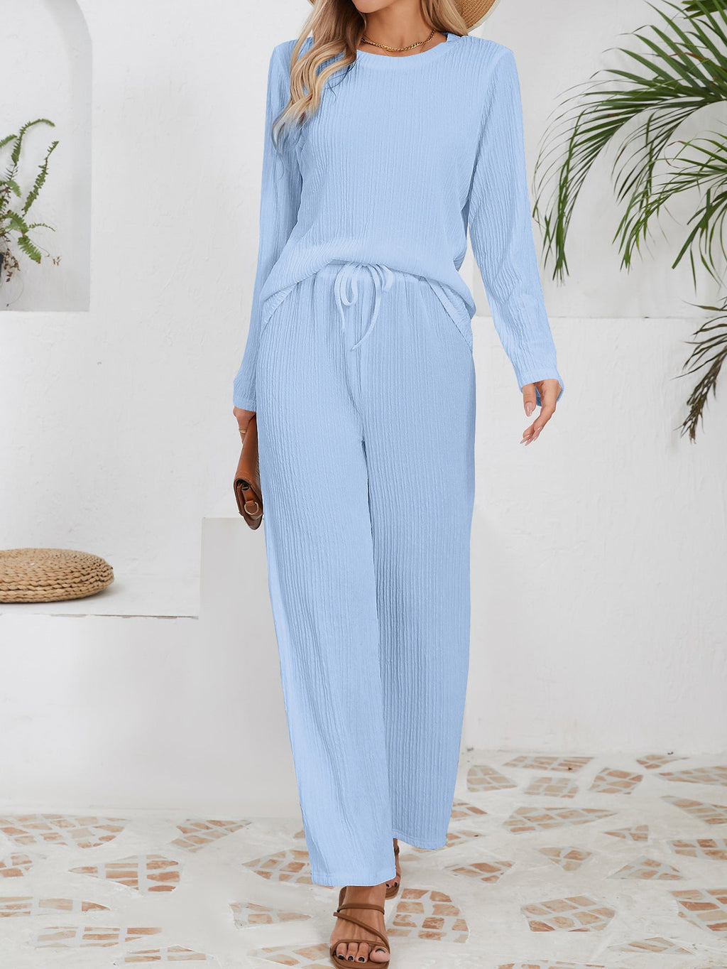 Women's Casual Ribbed Lounge Set with Elastic Waist