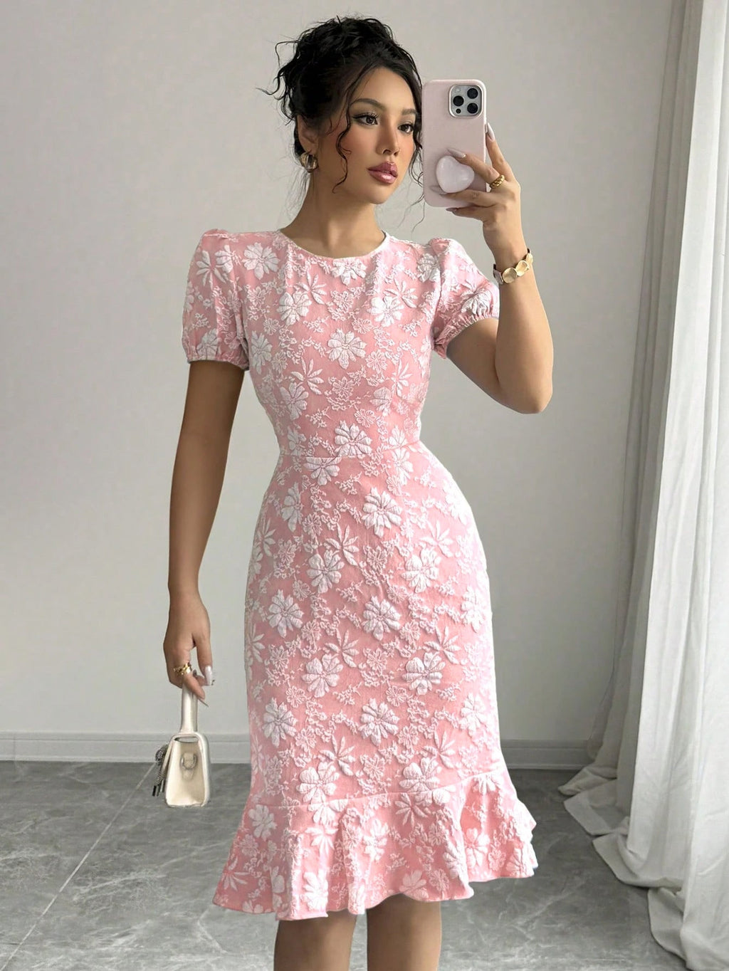 Women's Floral Lace Midi Dress with Ruffle Hem