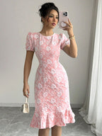 Women's Floral Lace Midi Dress with Ruffle Hem
