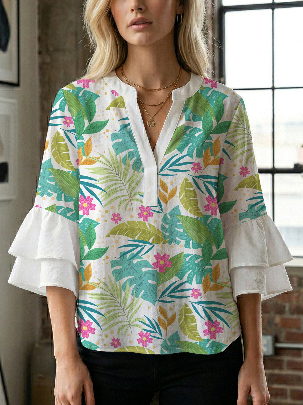 Women's Blouse with Voluminous Ruffle Sleeves and Modern Print