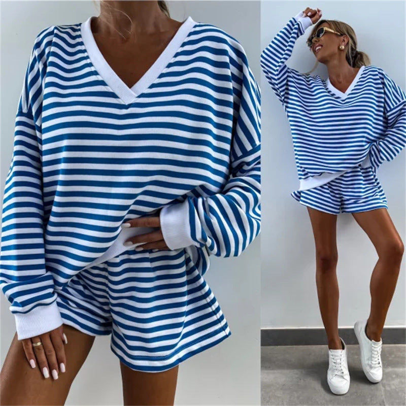 Women's Casual Short-Sleeve Set with Maritime Stripe Pattern and Elastic Waist