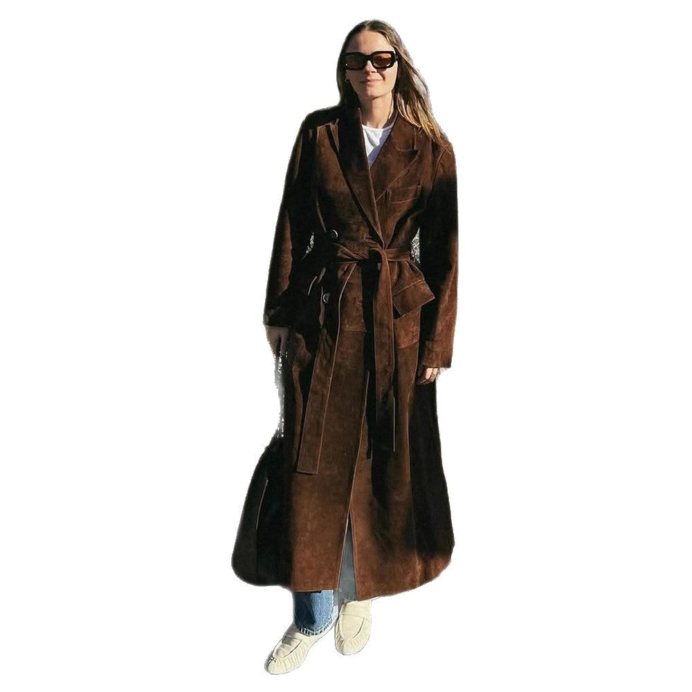 Elegant Suede Coat with Waist Belt