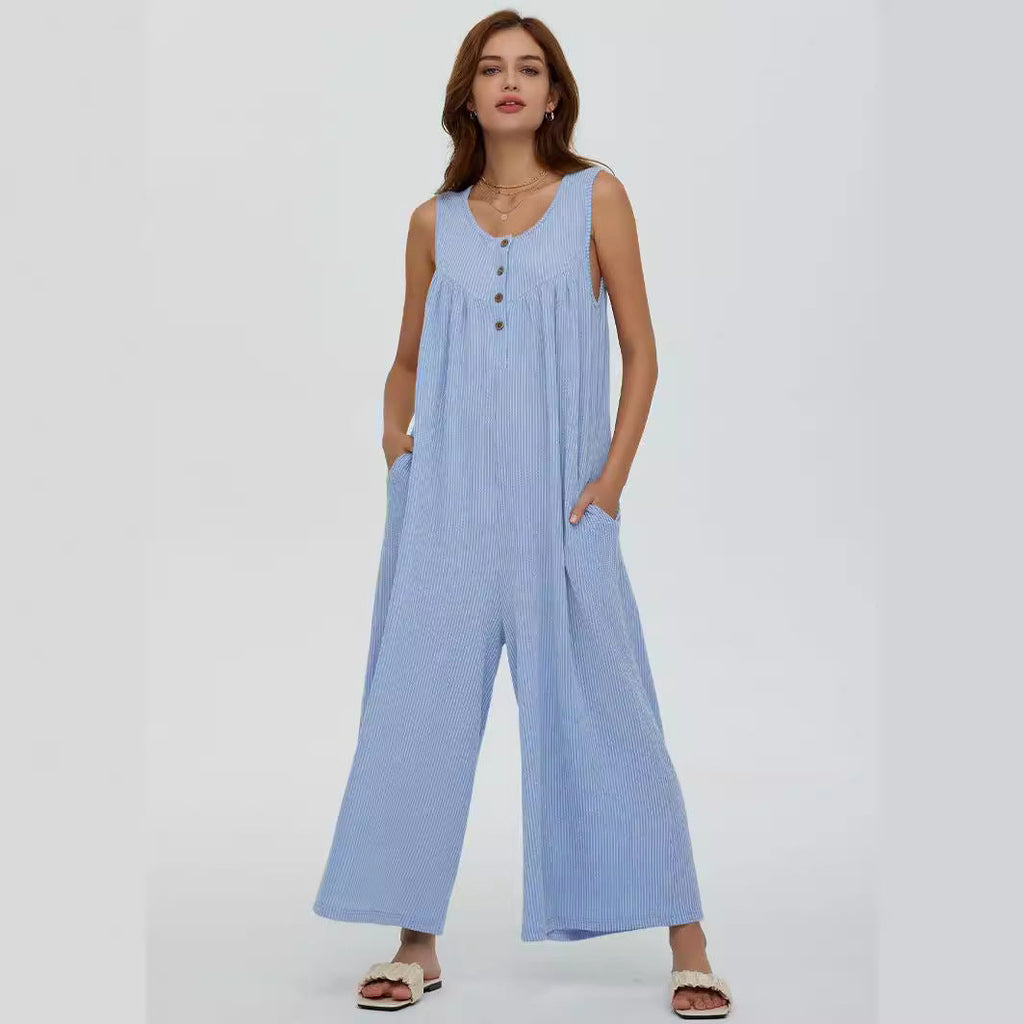 Women's Casual Overall with Deep Neckline and Pockets