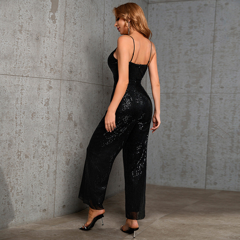 Women's Glittering Jumpsuit with Deep V-Neck and Wide Leg