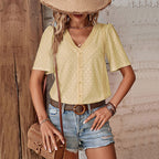Women's Blouse with Airy Embroidery and Decorative Buttons