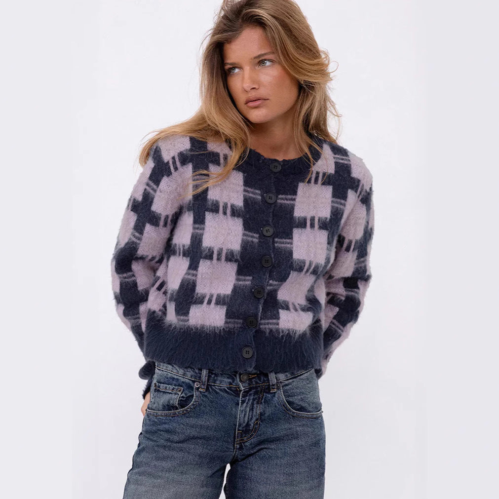 Women's Cropped Plaid Cardigan