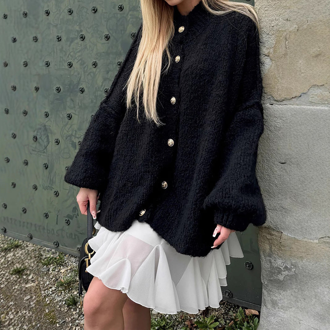 Women's Cozy Knit Coat with Voluminous Sleeves