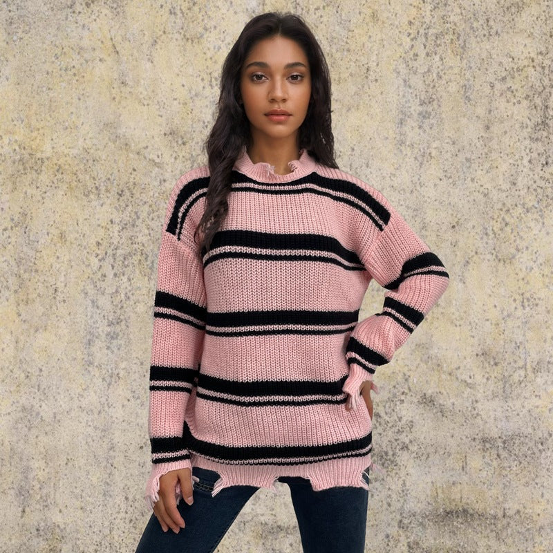 Women's Chunky Knit Oversized Sweater with Fringe and Stripes