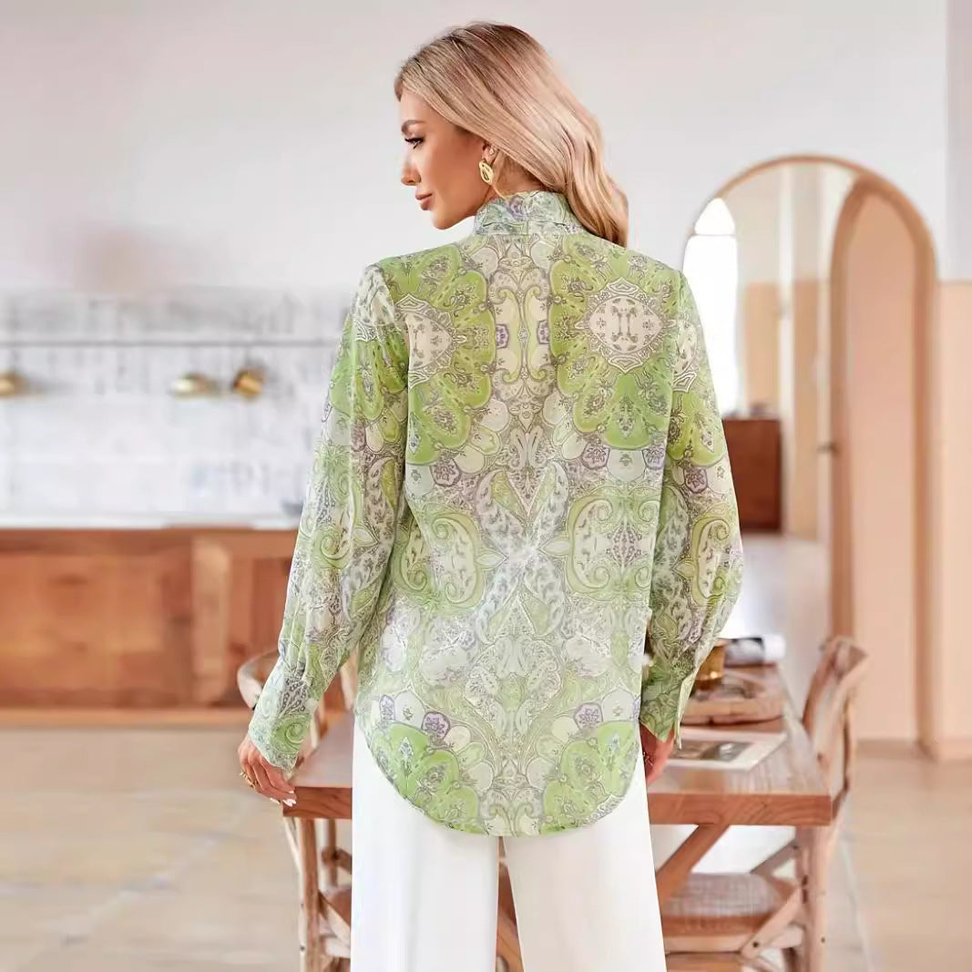 Women's Blouse with Tie Neck and Floral Pattern