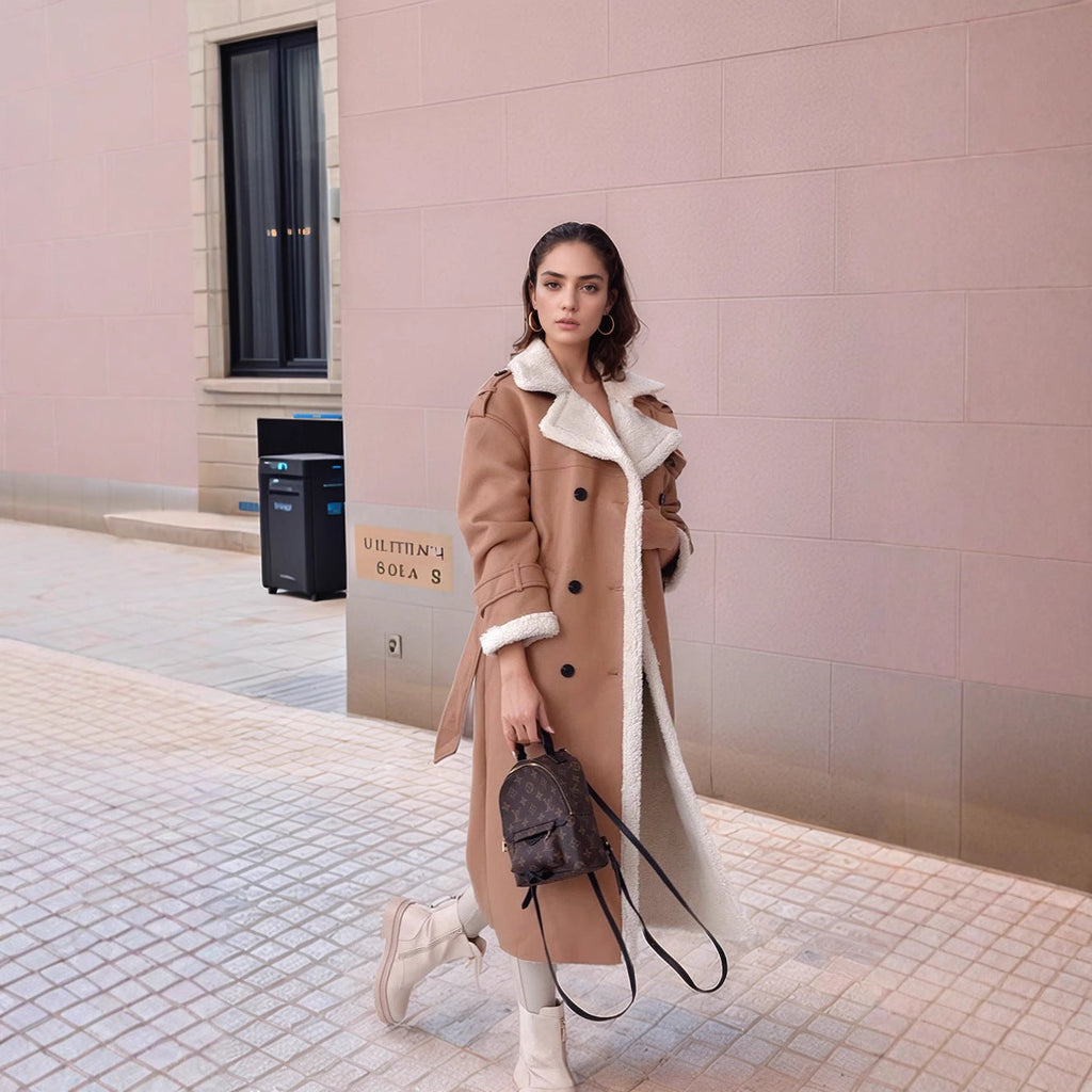 Women's Elegant Transitional Coat with Teddy Lining and Double-Breasted Placket