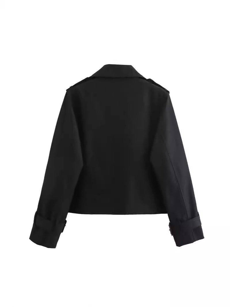 Women's Cropped Trench Coat with Double-Breasted Closure and Adjustable Sleeves