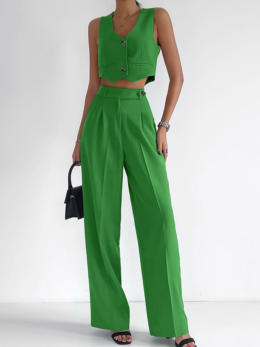Women's Fashionable Two-Piece Set with Sleeveless Top and Wide-Leg Pants