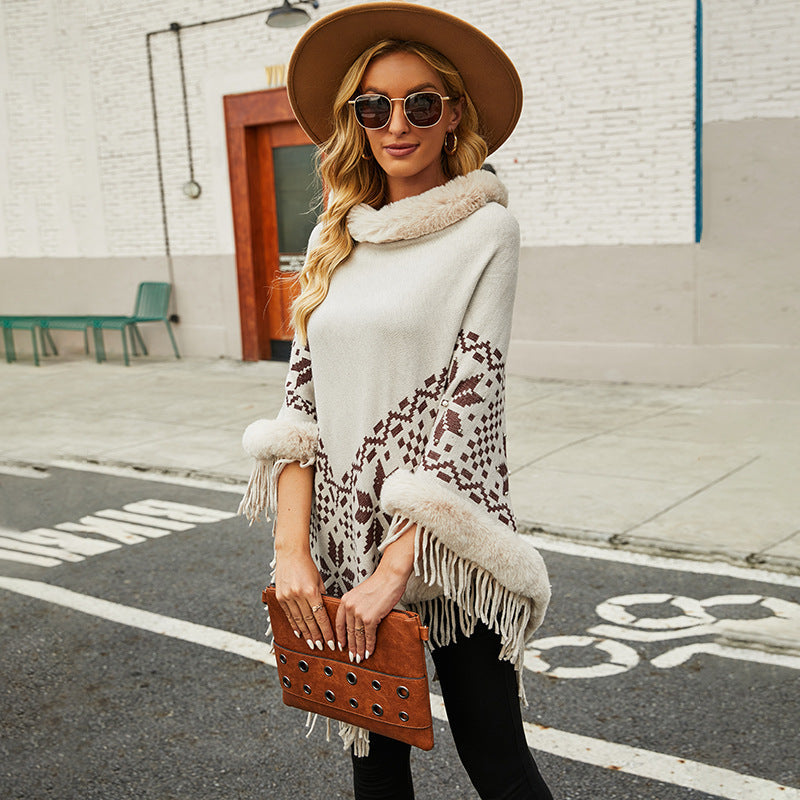 Women's Elegant Poncho with Decorative Fringe Design and Faux Fur Trim