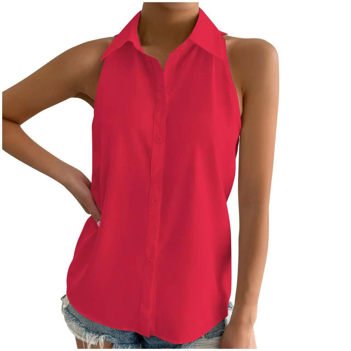 Women's Sleeveless Shirt with Classic Collar