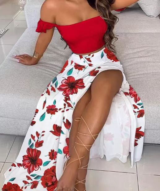 Women's Maxi Skirt with Floral Design and High Slit