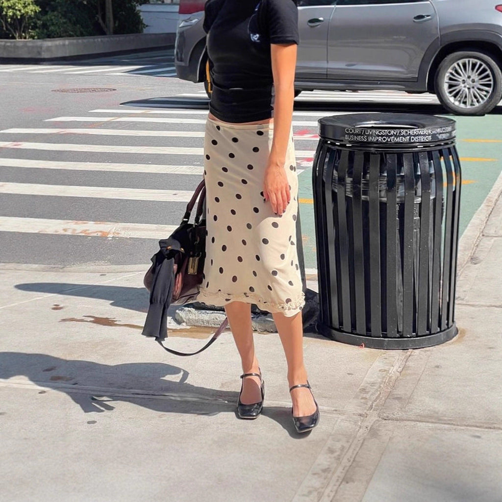 Women's Polka Dot Pencil Skirt with Delicate Lace Trim