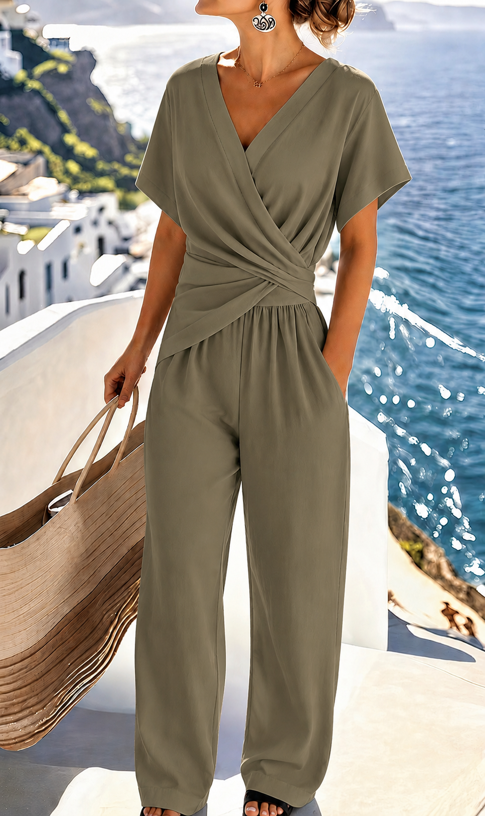 Women's Elegant Wrap-Look Two-Piece Set with Wide Legs