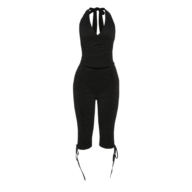 Women's Jumpsuit with Ruching and Tie-Neck