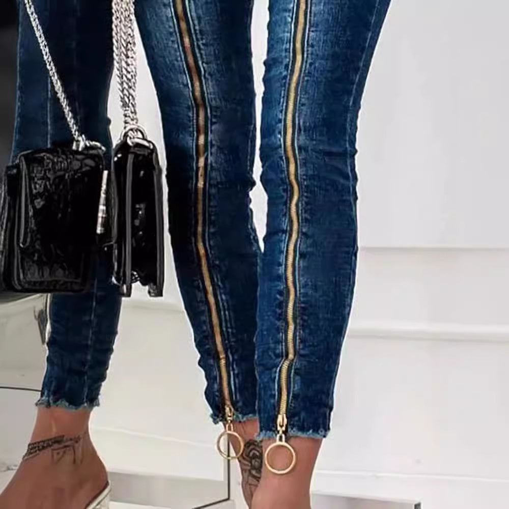Women's High-Waist Jeans with Side Zipper and Ring Details