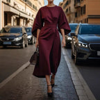 Women's Elegantly Cut Maxi Dress with Puff Sleeves and Fitted Belt