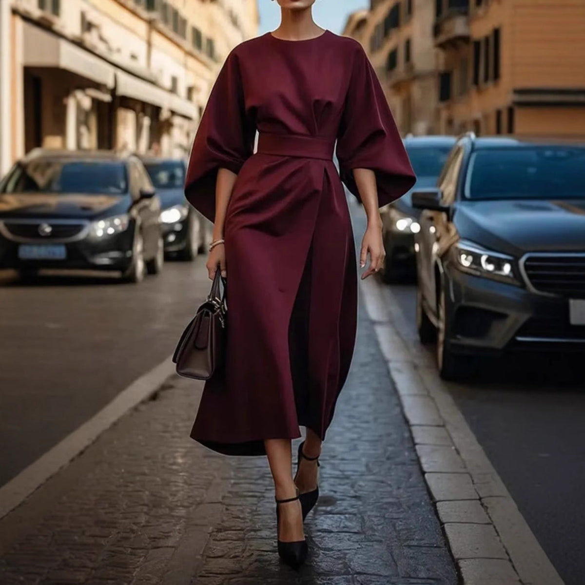 Women's Elegantly Cut Maxi Dress with Puff Sleeves and Fitted Belt