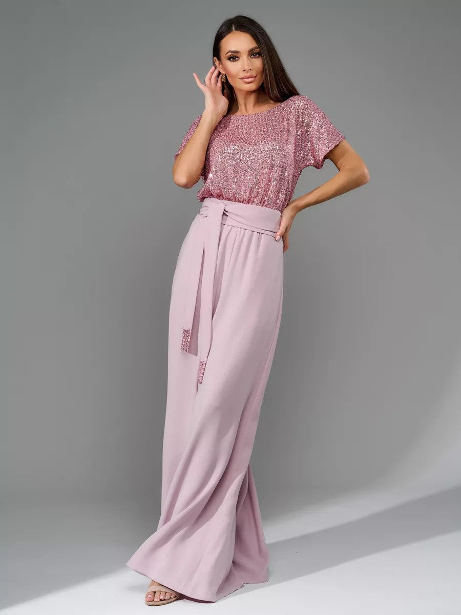 Glittering Wide-Leg Jumpsuit with Waist Belt