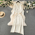 Women's Elevated Knit Set with V-Neck and Button Placket