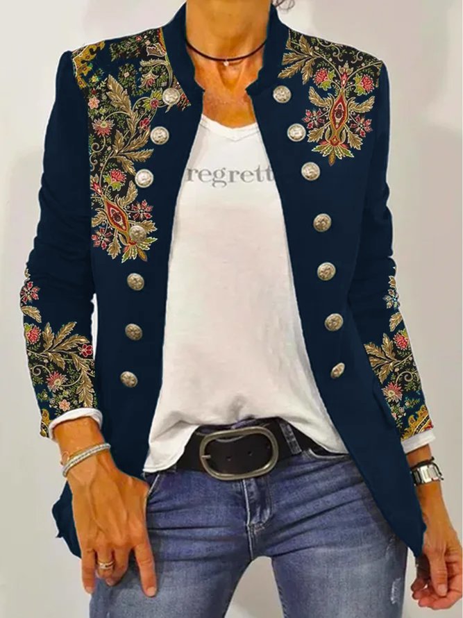 Elegant Floral Embroidered Blazer Jacket with Contrast Buttons