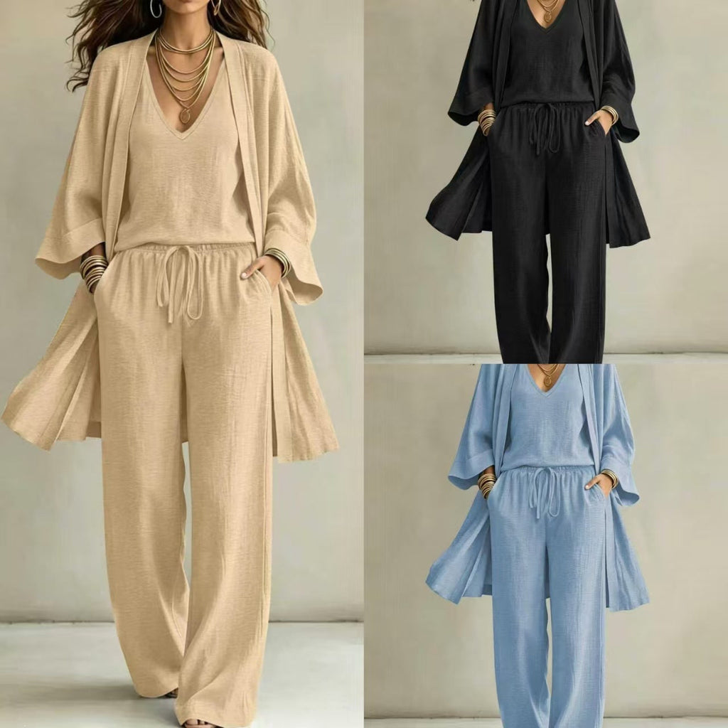 Women Casual Lounge Set with Kimono Cardigan, V-Neck Shirt and Wide Cord Pants