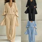 Women Casual Lounge Set with Kimono Cardigan, V-Neck Shirt and Wide Cord Pants