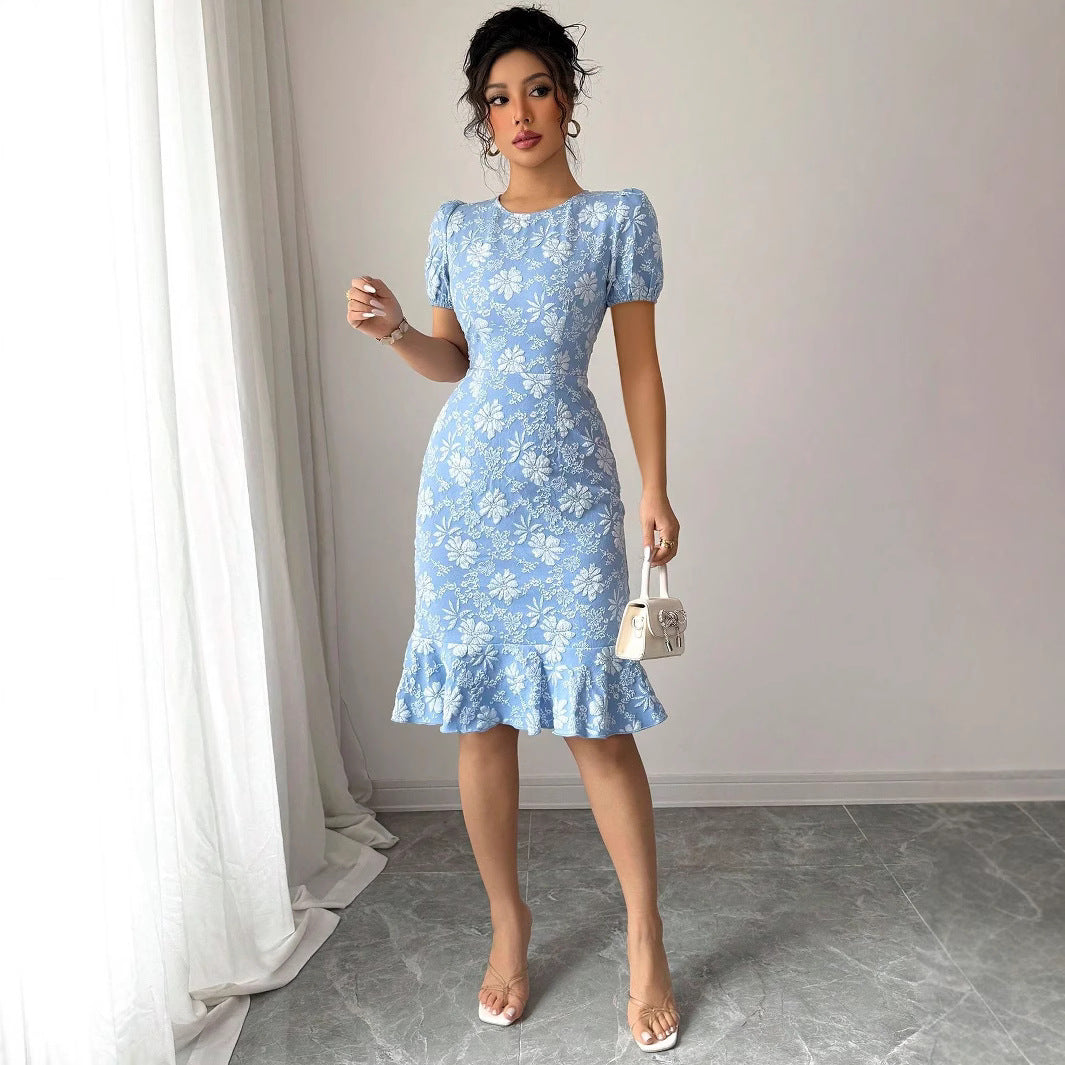 Women's Floral Lace Midi Dress with Ruffle Hem