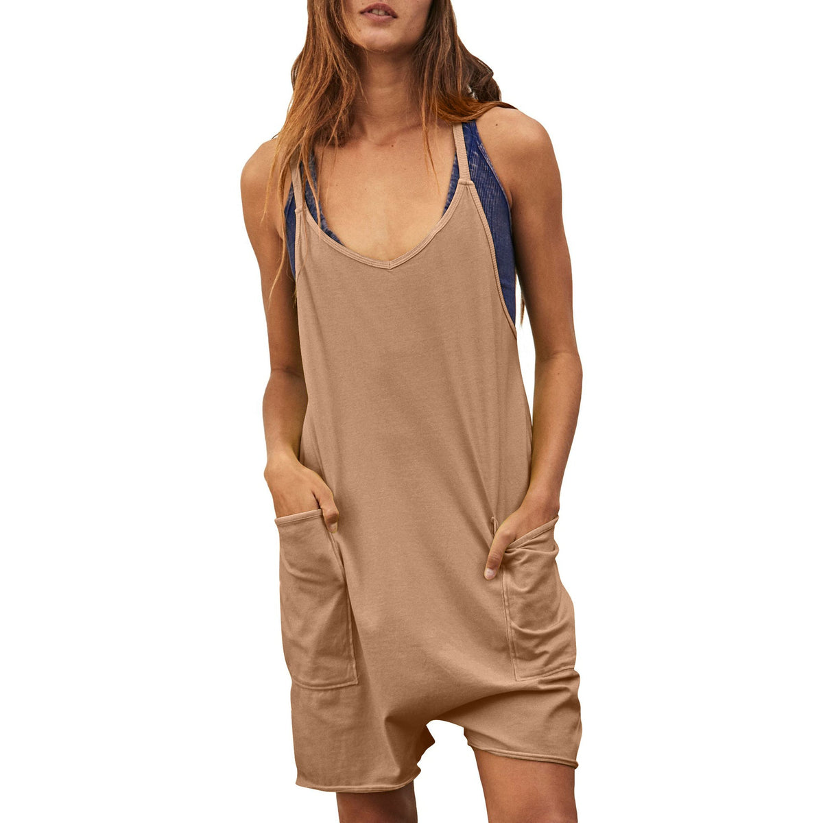 Women's Comfortable Jumpsuit with Deep Neckline and Pockets