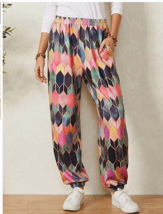 Women's Casual Pants with Modern Geometric Pattern and Elastic Waistband