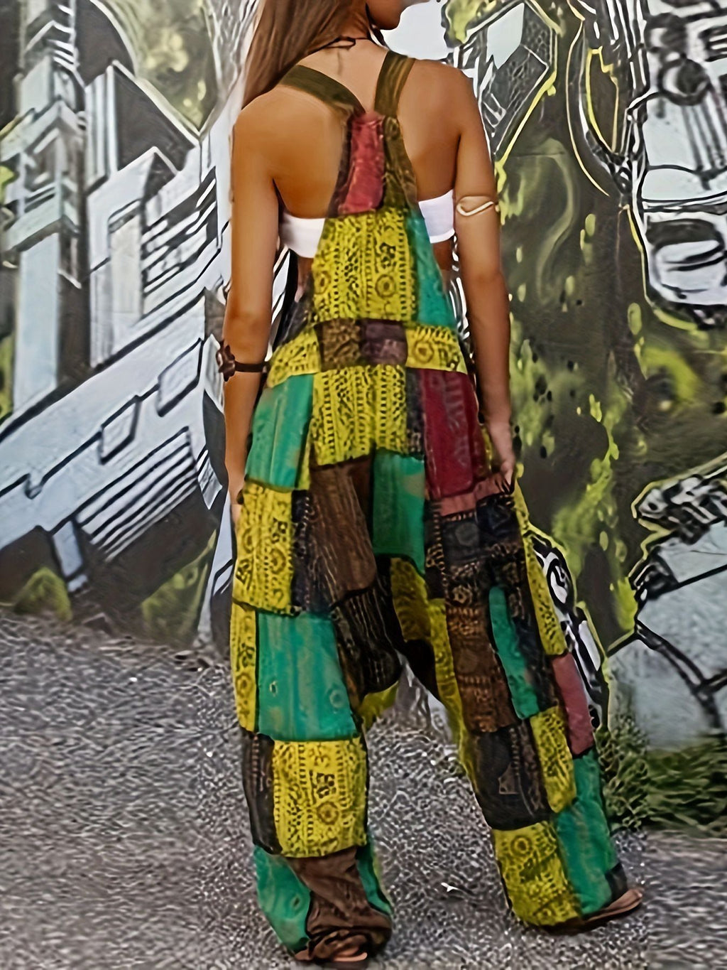Women's Casual Jumpsuit with Colorful Patchwork Pattern