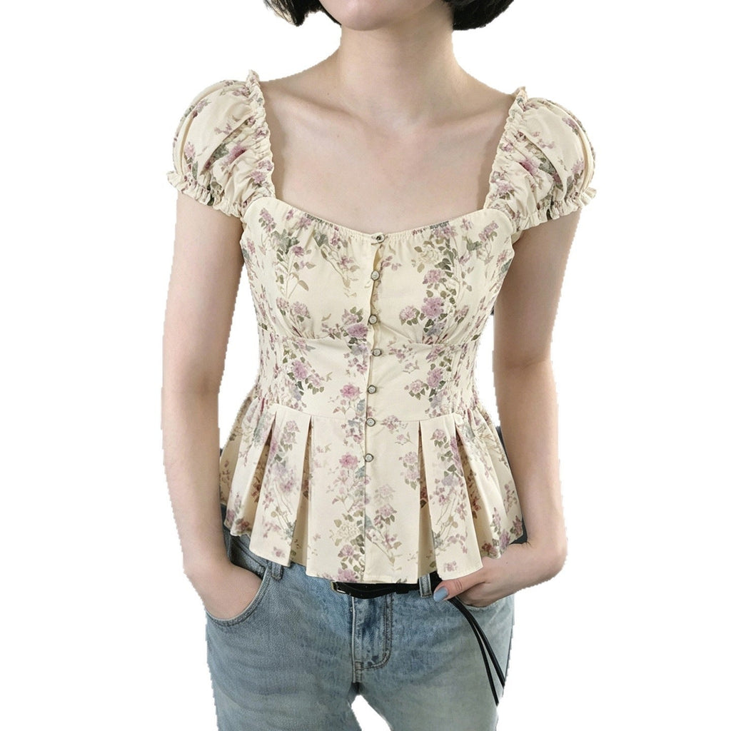 Women's Blouse with Floral Design and Ruffled Sleeves