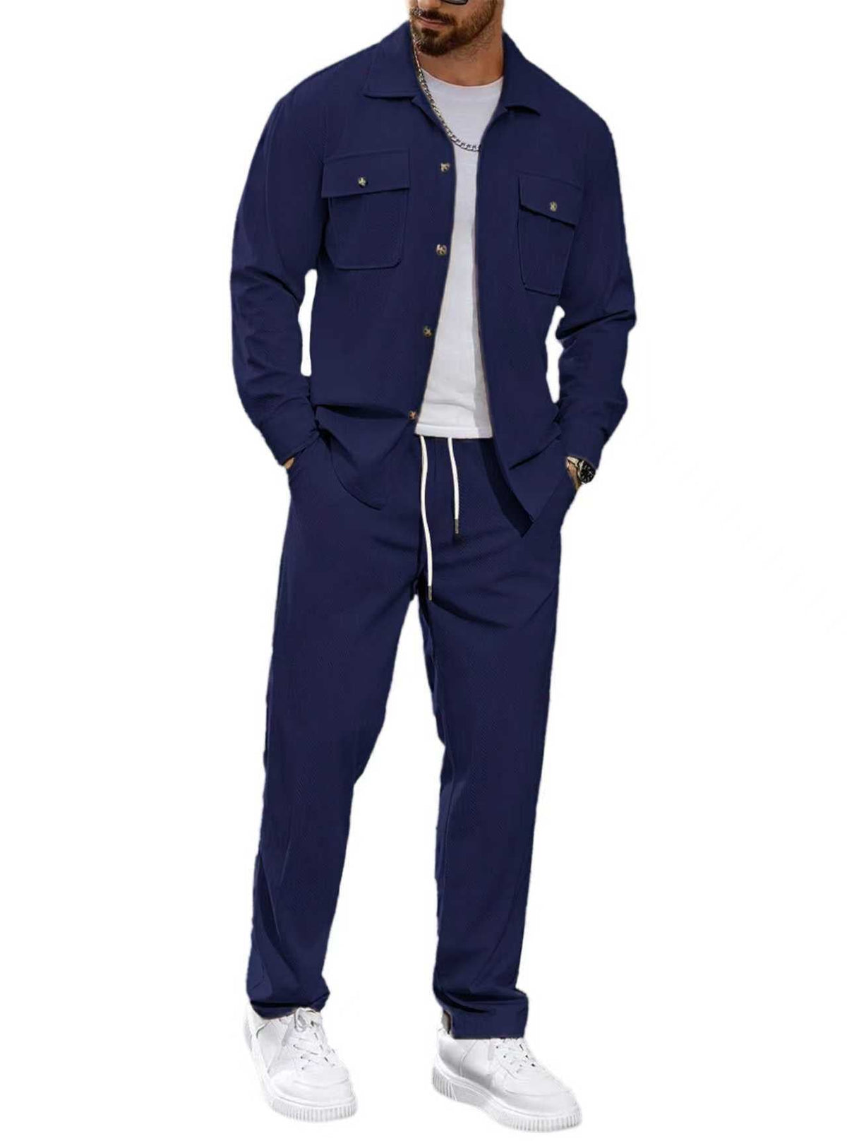 Men's Casual Two-Piece Shirt Jacket and Drawstring Pants Set