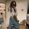 Women's Cropped Sweatshirt with Drawstring and Oversized Sleeves