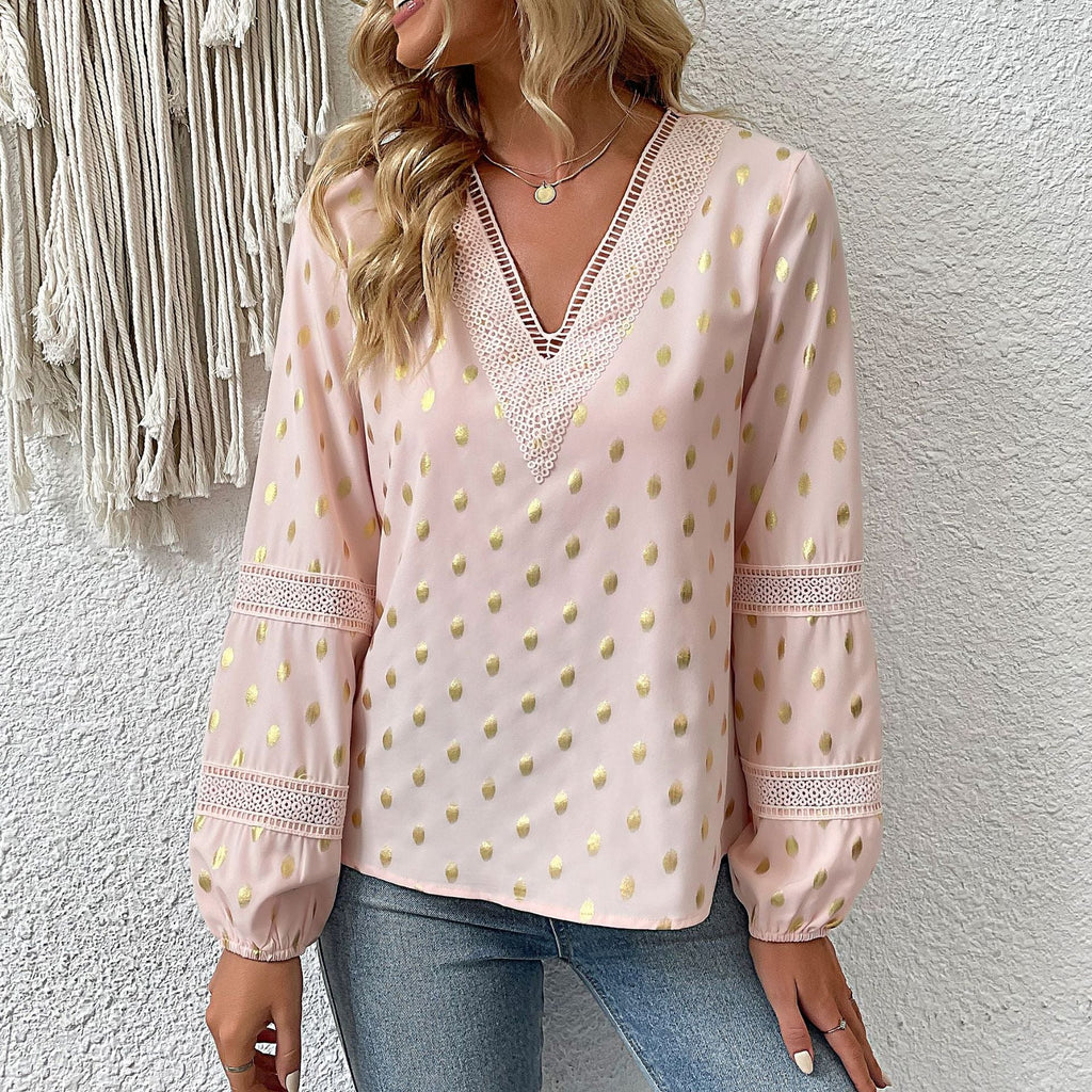 Women's V-Neck Blouse with Fine Eyelet Pattern