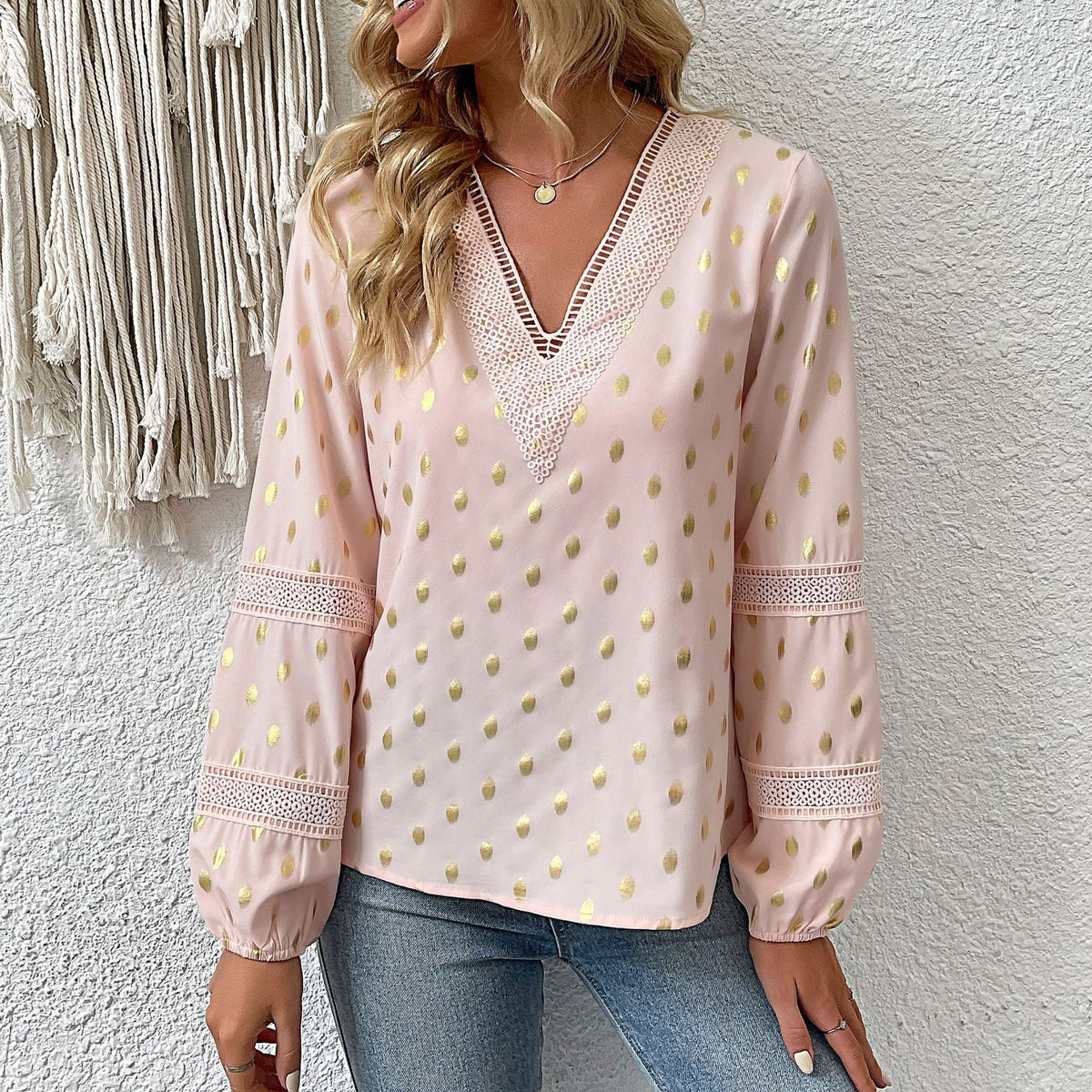 Women's V-Neck Blouse with Fine Eyelet Pattern