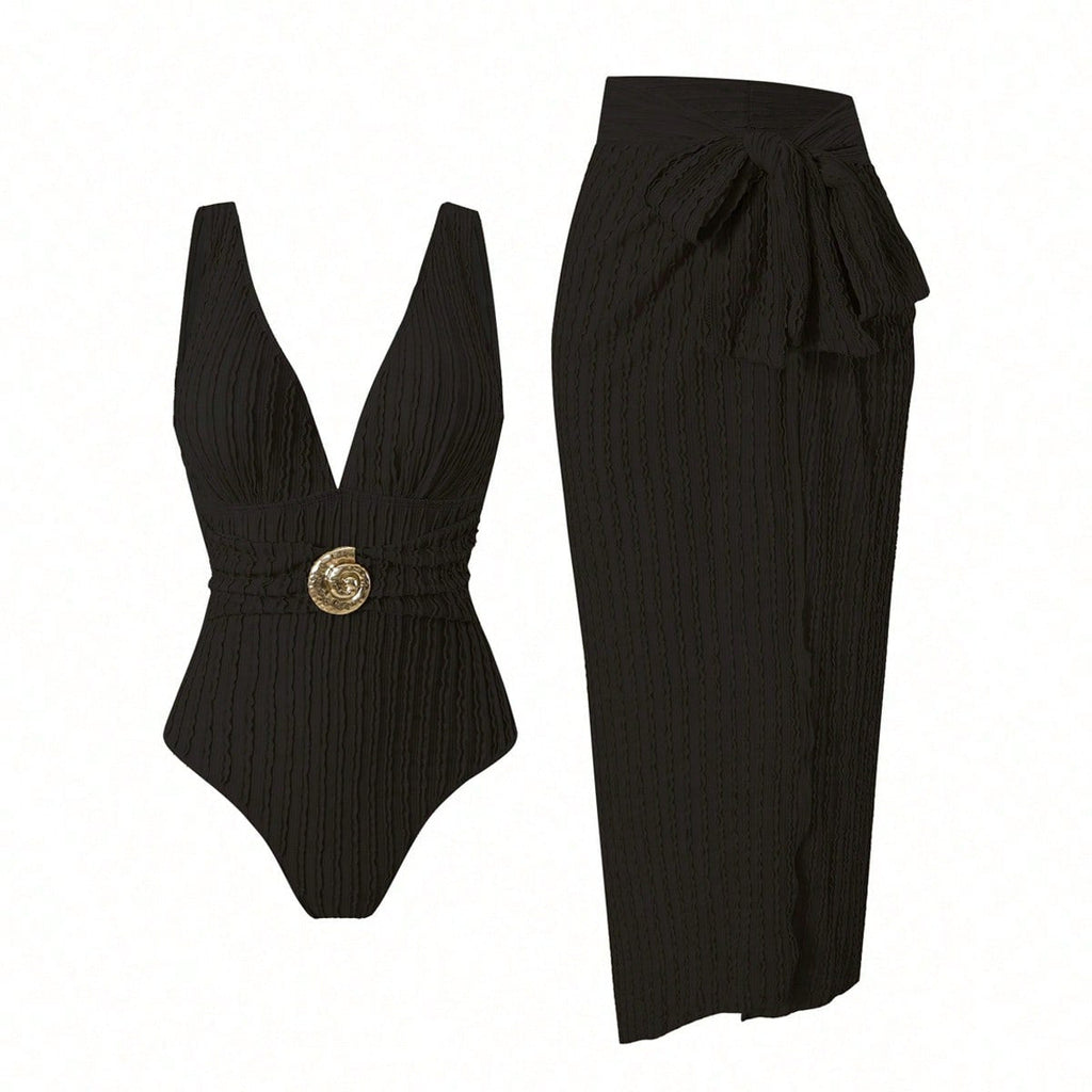 Women's Swimsuit with Feminine Wrap Skirt and Elegant Jewelry Detail