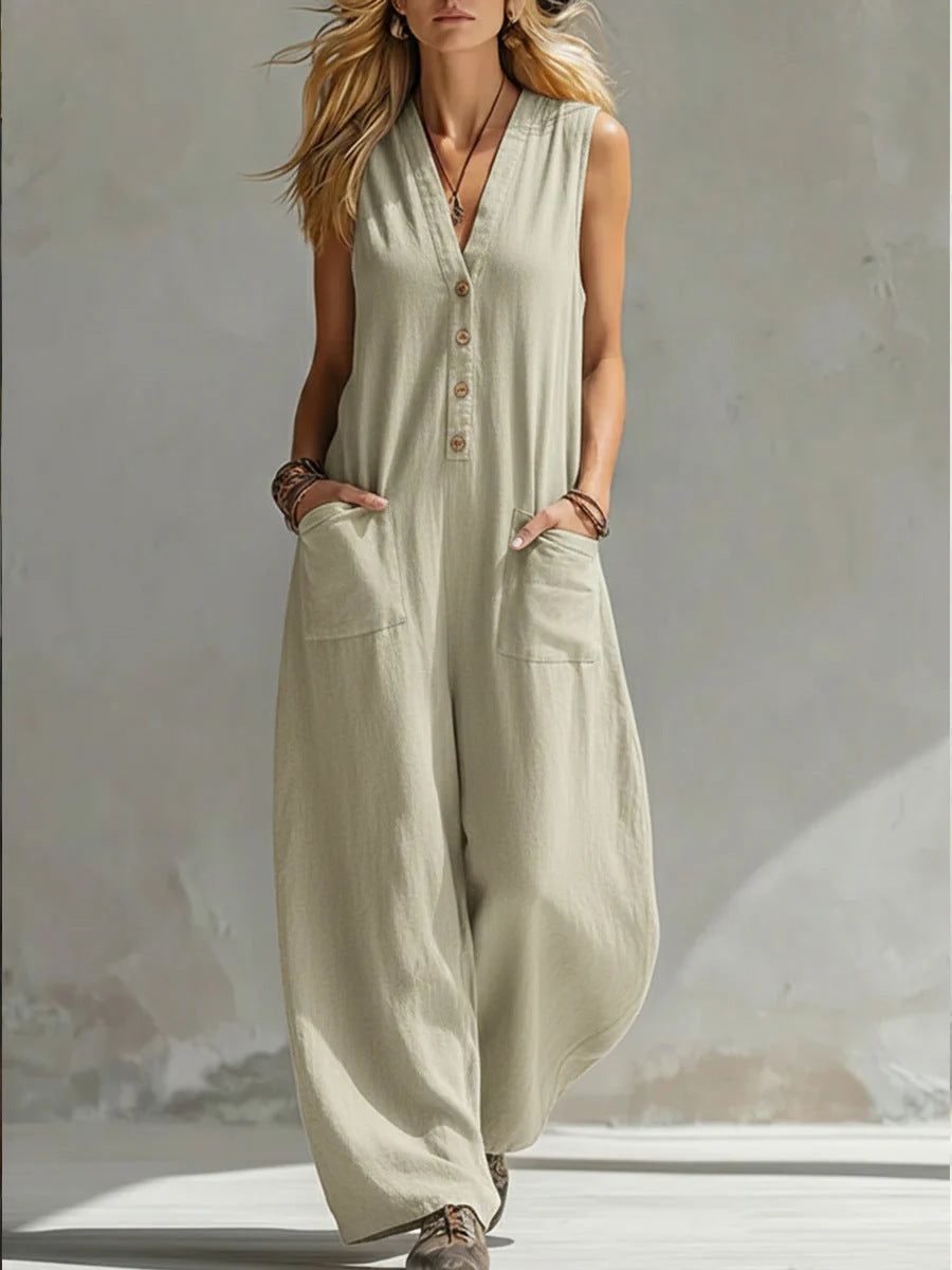 Women's Jumpsuit with Deep V-Neck and Pockets