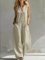 Women's Jumpsuit with Deep V-Neck and Pockets