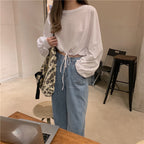 Women's Cropped Sweatshirt with Drawstring and Oversized Sleeves