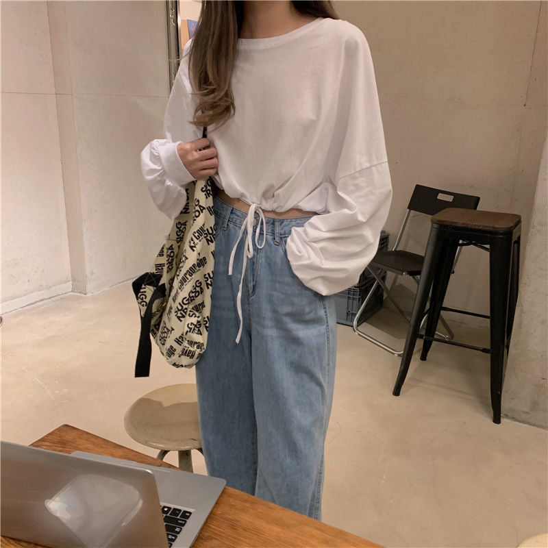 Women's Cropped Sweatshirt with Drawstring and Oversized Sleeves