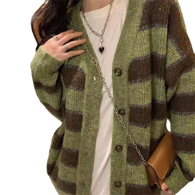 Women's Chunky Knit Cardigan with Fashionable Striped Pattern and Casual Cut